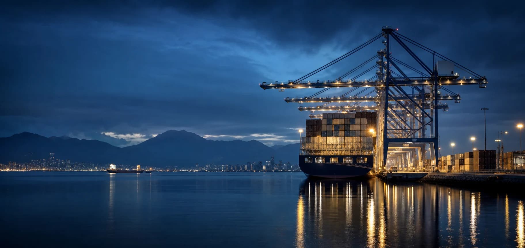 Cargo vessel and port infrastructure at blue hour