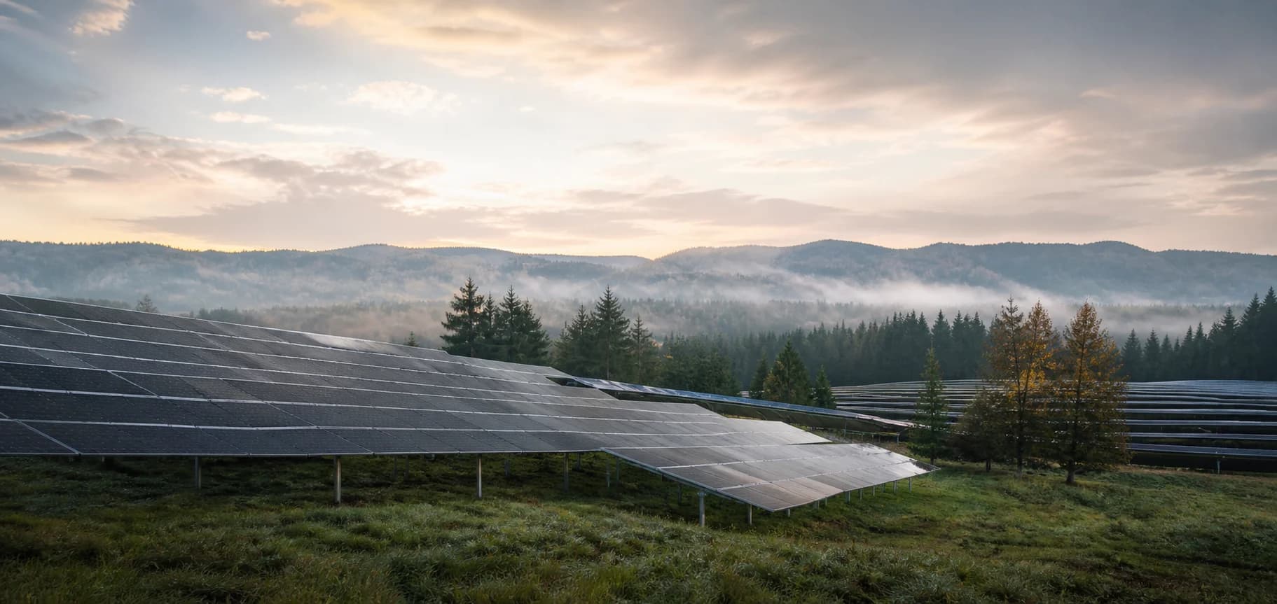 Solar energy infrastructure across a misty evergreen landscape